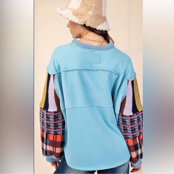 Easel Patchwork Blue OVERSIZED Knit Pullover Sweatshirt Sweater Small NEW - Picture 3 of 9
